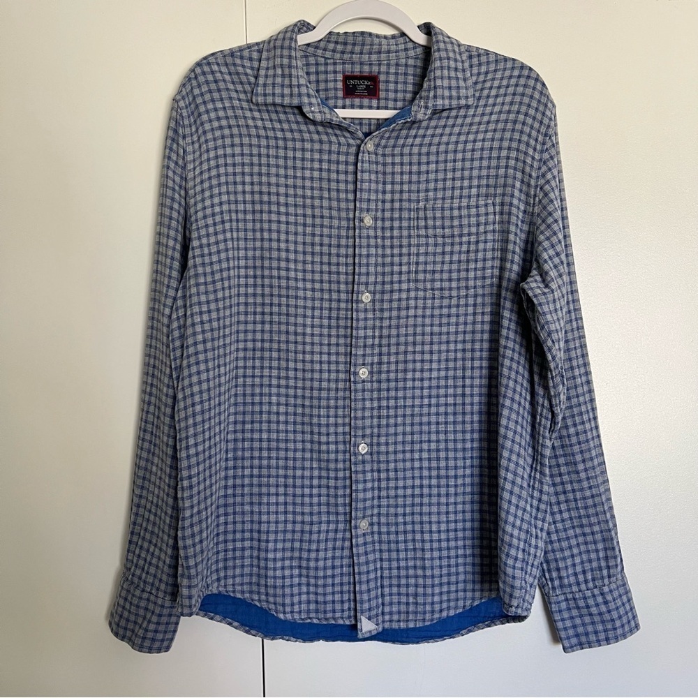 Untuckit Slim Fit Pugliese Double Layer Cotton Button Up Blue Plaid Shirt Large